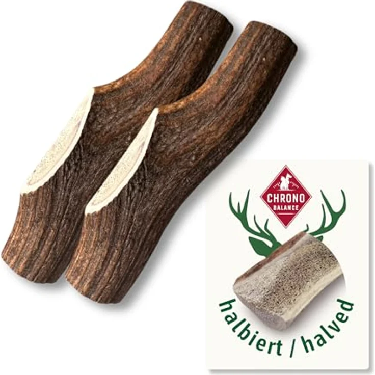 ChronoBalance® L (2er Set) Geweih Kaustange für Hunde halbierte Stücke Kauspielzeug: Zahnpflege Kaustab aus 100% Hirschgeweih, Hundespielzeug für Zahnhygiene, Kauknochen ohne Chemie – Bild 1