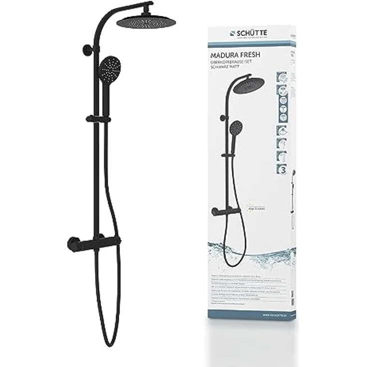 SCHÜTTE MADURA Duschsystem mit Thermostat, Duschset Regendusche inkl. Kopfbrause, Handbrause, mit Duschstange, Überkopf Brauseset Duschsäule Duscharmatur in Matt Schwarz – Bild 1