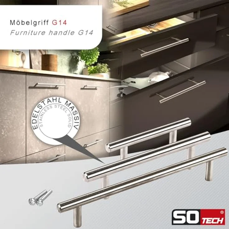 SOTECH Möbelgriff G14, echt Edelstahl massiv, Stangengriff 128 mm, Ø 10 mm, gebürstete Oberfläche, für Schubladen und Schränke – Bild 2