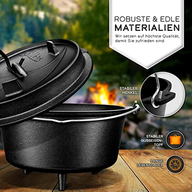 grillas Dutch Oven Set 4,2 Liter - Topf mit Füße Deckelheber BBQ Gusseisen Feuertopf Gusstopf Schmortopf – Bild 3
