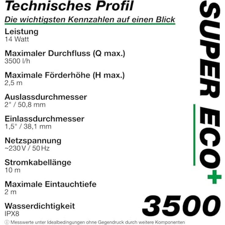 Wagner GREEN SUPER ECO+ 3500, Tauchpumpe mit 14 Watt, 3,5m³/h Förderleistung, 2,5m H max, für Teichfilter und Bachlauf – Bild 5