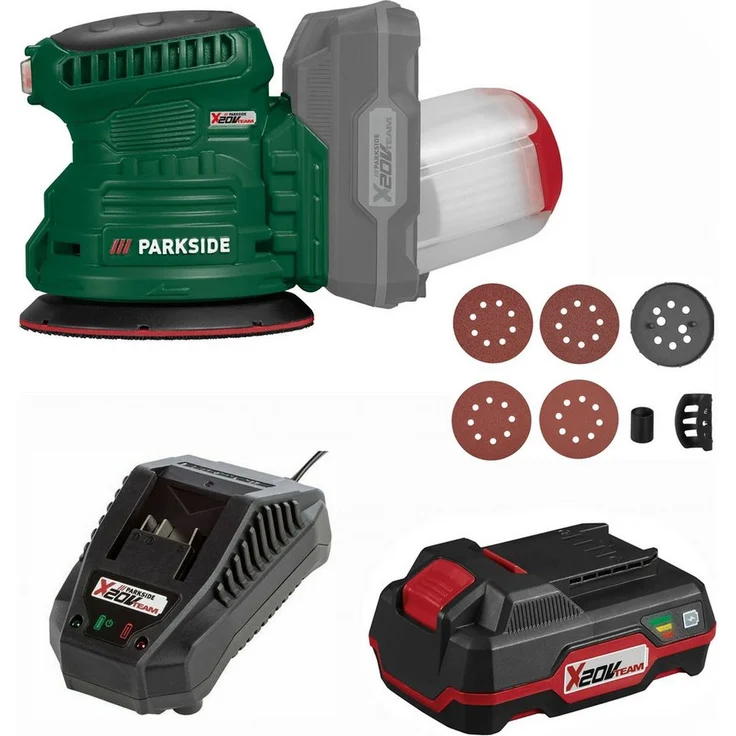 Parkside Akku-Exzenterschleifer PAEXSG 20-Li, 12.000 min⁻¹, inkl. 4 Schleifblätter, Akku 2.0 Ah, ergonomischer Softgrip-Griff