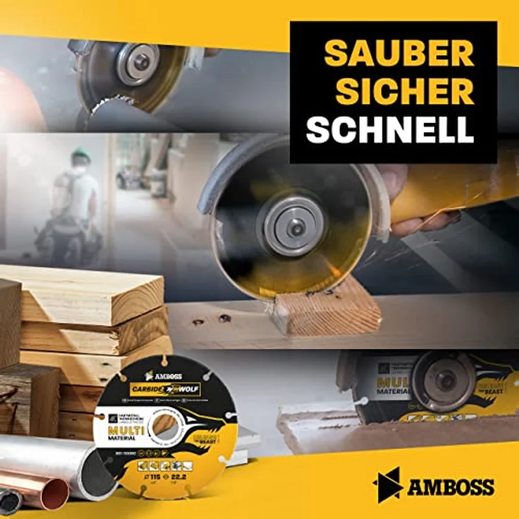 Amboss Carbide Wolf Ø 115mm, Multi Hartmetall Trennscheibe für Winkelschleifer - für Holz (mit Nägeln), Kunststoff, Gips - selbstschärfend, sicher und langlebig – Bild 3
