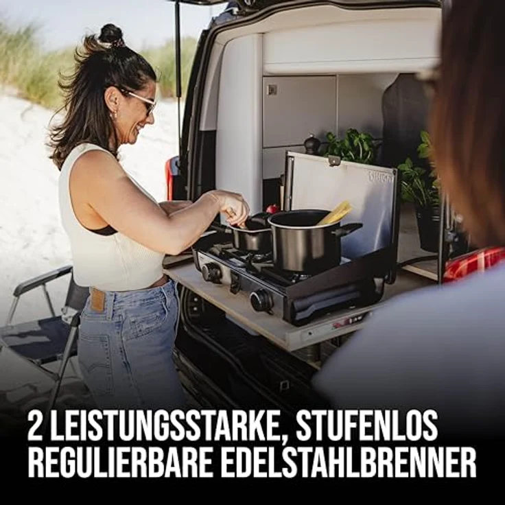 Enders Ryda 2Z, Gaskocher 2-flammig mit Zündsicherung, Edelstahlbrenner 2x2,3 kW, kompakt mit Gasschlauch und Windschutz – Bild 2