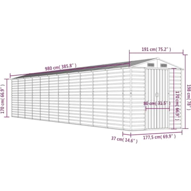 vidaXL Gerätehaus, Gartenhaus mit Schrägdach Griffe, Gartenschuppen Schuppen mit Stauraum, Geräteschuppen Metallschuppen, Grün 191x980x198 cm Verzinkter Stahl – Bild 4