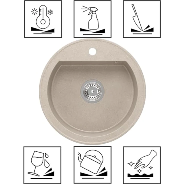 QUADRON CUBA 210 Rund Spülbecken, 1-Becken Granitspüle, Größe: 51 x 51 x 18 cm, Ø 43, beige mit Siphon – Bild 11