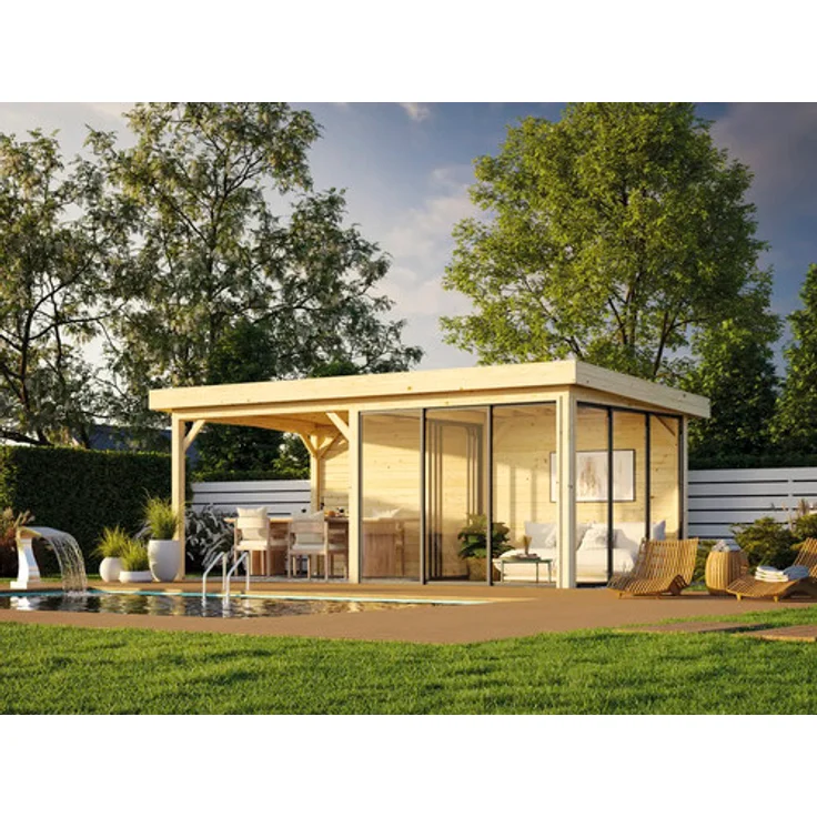 Palmako Lenna Slide Plus Gartenhaus, 16,6 m² mit Isolierglas-Schiebetüren und 24 mm Doppelverglasung, natur
