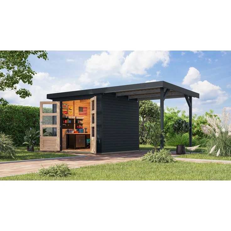 Karibu Gartenhaus Jupiter 3, Metall-Holz Gartenhaus mit Anbaudach, 19 mm Wandstärke, in verschiedenen Farben, BxT: 486,5x236,5 cm