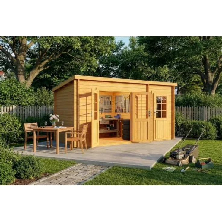 Alpholz Gartenhaus Holz Set Maria, Pultdach mit Anbau, BxT: 450x272 cm, imprägniert (Pinie), inkl. Fußboden & Dacheindeckung – Bild 4