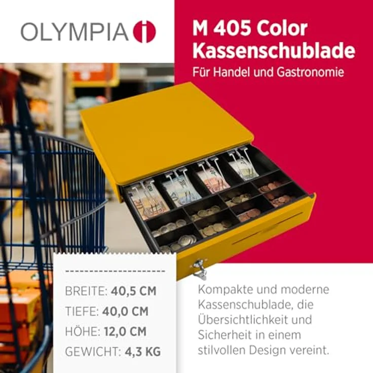 Olympia M 405 Gelb, Kassenlade mit 8 Münzfächern und 4 Scheinfächern, aus robustem Vollmetall, elektrisch ansteuerbar mit Schloss und RJ11/RJ12-Anschluss – Bild 2