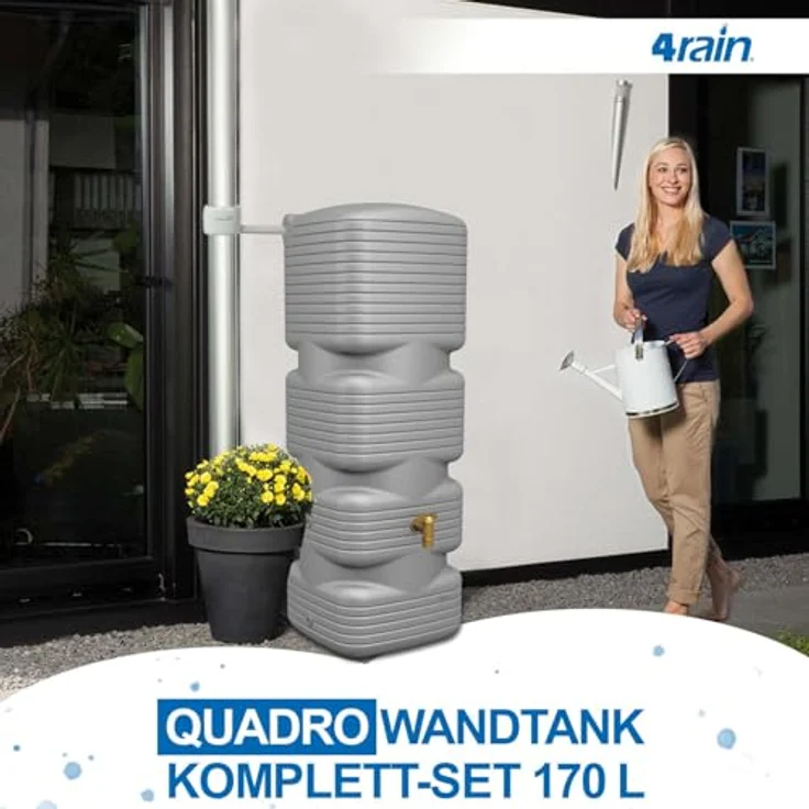 4rain Quadro Regentonne Komplett-Set 170 Liter betongrau - Effiziente Regenwassersammlung, schlanke Bauweise, langlebig und UV-beständig – Bild 2