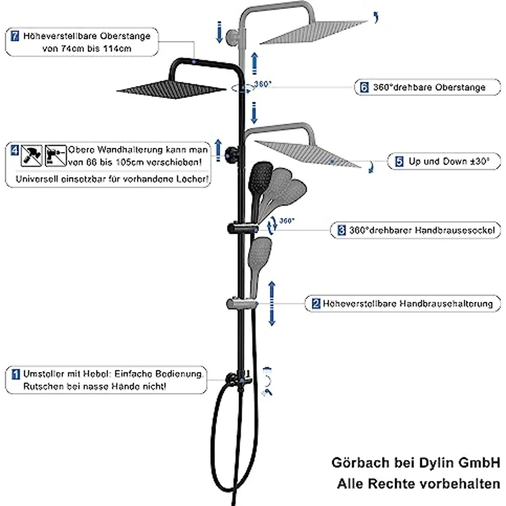 Görbach Regendusche Duschsystem ohne Armatur, Eckig 25x25 cm, XL-Regenduschkopf und 3 Strahlarten, Schwarz – Bild 5