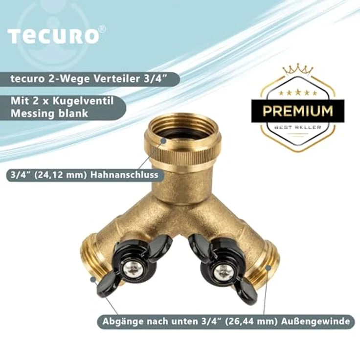 tecuro 2-Wege Y-Verteiler 3/4 Zoll, Bewässerungssystem mit 2 Absperrhähnen, schwere Vollmessing-Ausführung – Bild 2
