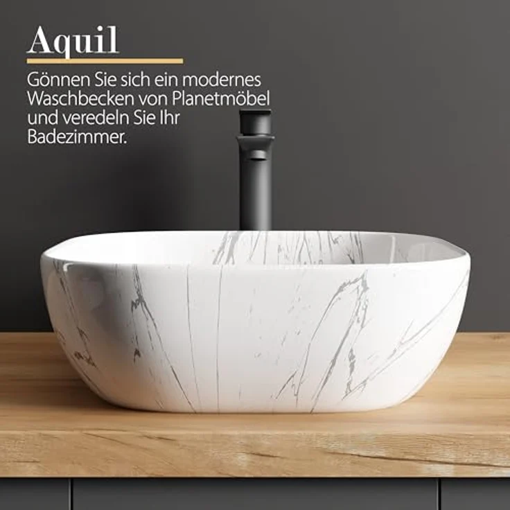 Planetmöbel Aufsatzwaschbecken Aquil, Keramik Waschbecken 42 cm, marmor weiß, quadratisch, ohne Hahnloch und Überlauf – Bild 4