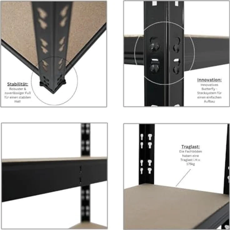 Proregal Schwerlastregal Mega Deal APOLLO, 5 Fachböden, Traglast 175 kg pro Boden, H 180 x B 75 x T 30 cm, Schwarz – Bild 5