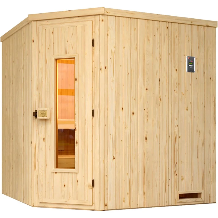 Weka Sauna Element-Ecksauna Varberg 2, 194 x 177 x 199 cm, 68 mm, isolierte Holztür, rustikale Optik