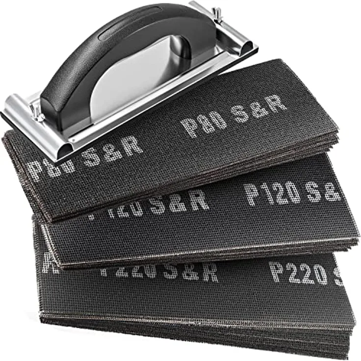 S&R Trockenbau Schleifgitter Set, 30 Gitterleinen Schleifblätter (je 10 x P80, P120, P220), 280 x 93 mm, mit Handschleifer 240 x 80 mm, robustes Siliziumkarbid Korn, ideal für Rigips, Holz, Metall
