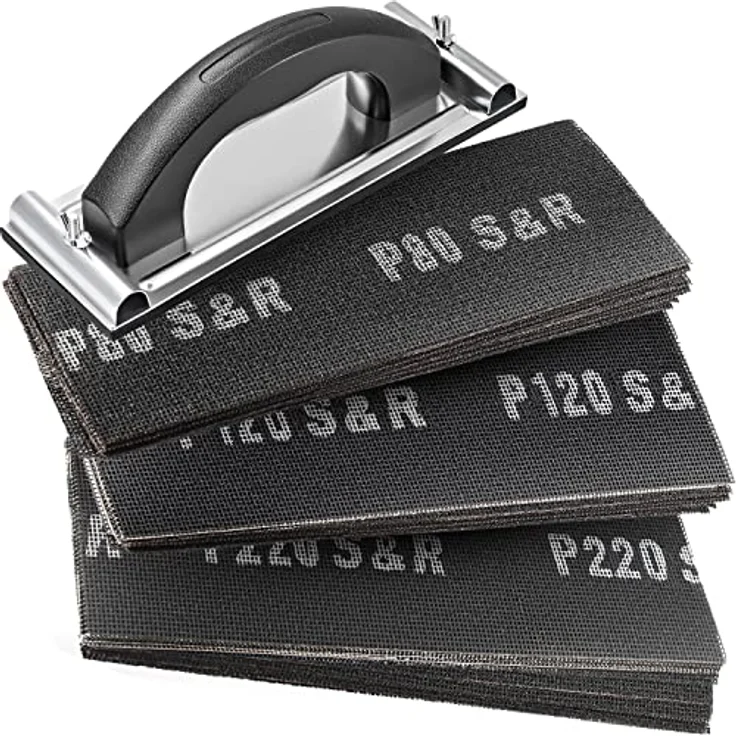 S&R Trockenbau Schleifgitter Set, 30 Gitterleinen Schleifblätter (je 10 x P80, P120, P220), 280 x 93 mm, mit Handschleifer 240 x 80 mm, robustes Siliziumkarbid Korn, ideal für Rigips, Holz, Metall – Bild 1