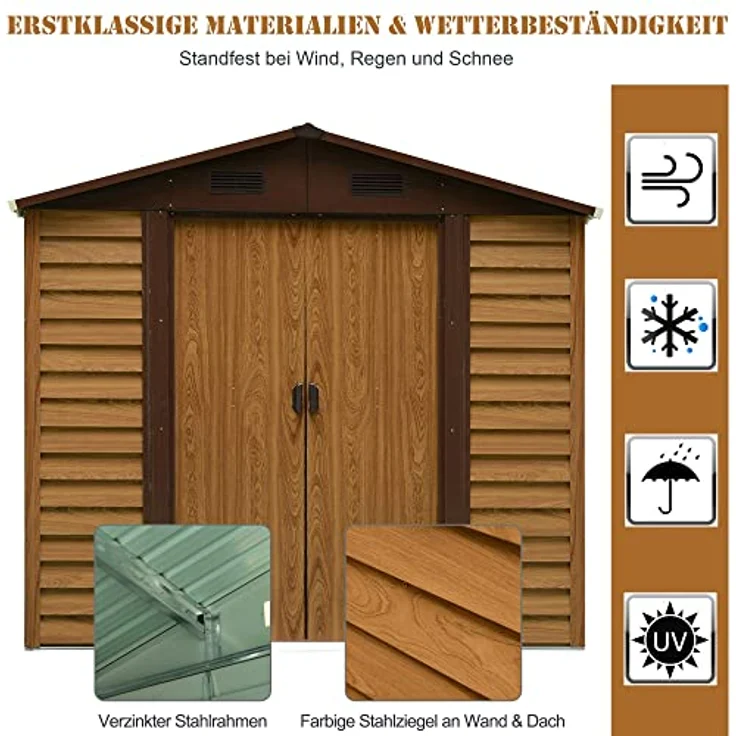 Outsunny Gartenschuppen Geräteschuppen Gerätehaus Gartenhaus mit Fenster, Schiebetüren, wetterfest Gartenhütte mit Holzoptik Stahl Braun 152 x 235,7 x 208,7 cm – Bild 4