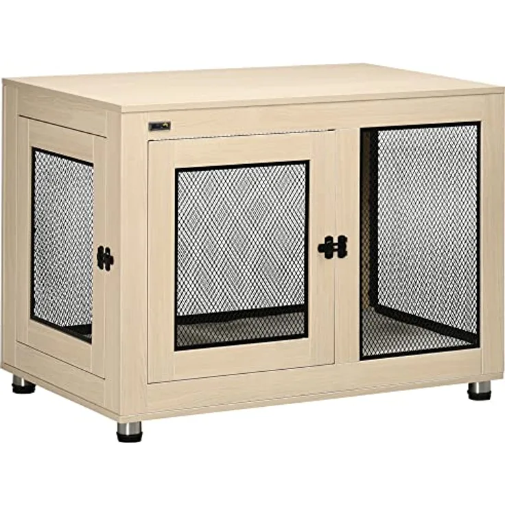 PawHut Hundekäfig, Haustierkäfig, Hundehaus, Hundehütte mit Kissen, Hundebox Indoor, Tierkäfig mit 2 Türen für kleine Hunde bis mittelgroße Hunde, Eiche, 94 x 60 x 71,5 cm