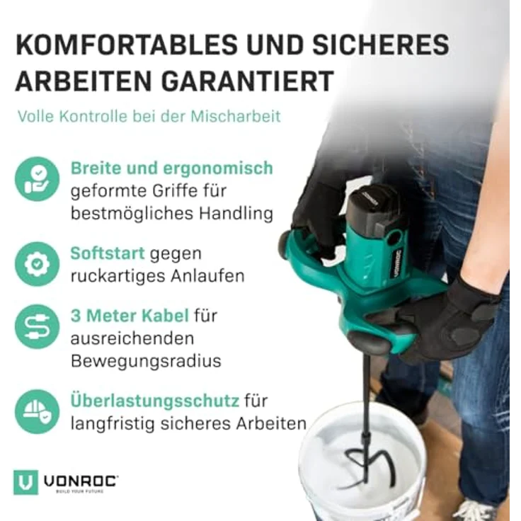 VONROC Mörtelrührer inkl. Rührwerk [1800W], Betonmischer Quirl mit Sanftanlauf, 2 Geschwindigkeitsmodi, ergonomischer Griff, 3 Meter Gummikabel – Bild 5