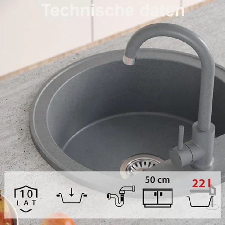 QUADRON CUBA 210 Rund Spülbecken, 1-Becken Granitspüle, Größe: 51 x 51 x 18 cm, Ø 43, beige mit Siphon – Bild 4