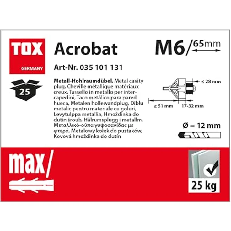TOX Metall-Hohlraumdübel Acrobat M6 x 65 mm verzinkt, für Befestigungen in Gipskartonplatten, 25 Stück, 035101131 – Bild 4