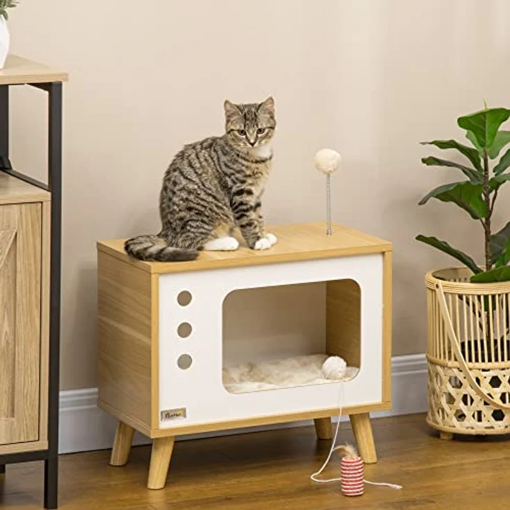 PawHut Tierhaus im TV-Design, inkl. Spielzeug und waschbarem Kissen, Eiche+Beige+Weiß, 50B x 28T x 43H cm – Bild 2