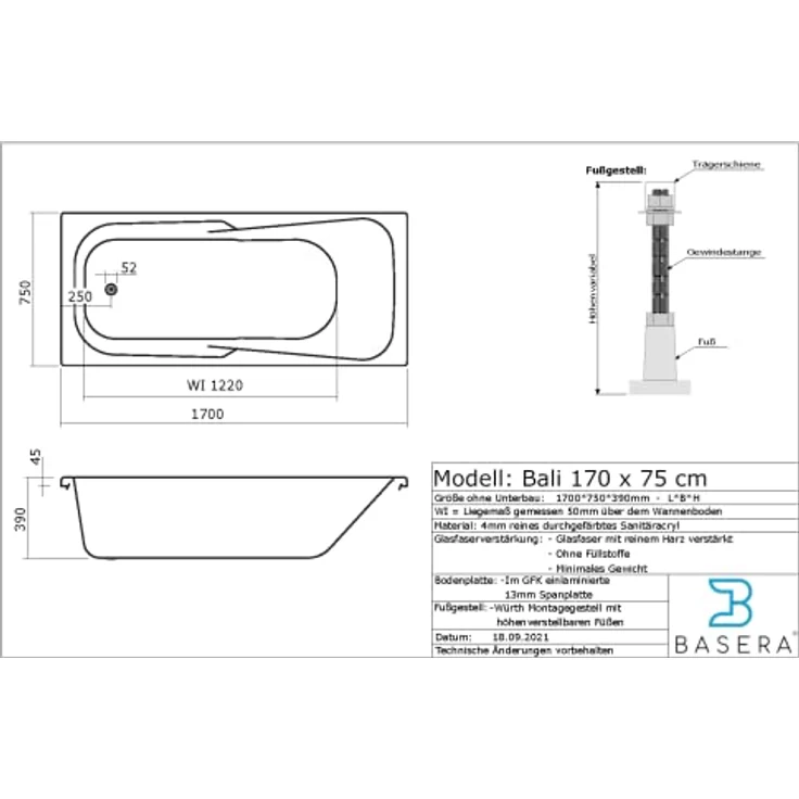 Basera® Whirlpool-Badewanne CLASSIC Bali 170 x 75 cm, Komplett-Set, 12 Massagedüsen, LED, Touchpanel, Bluetooth, Radio - Weiß – Bild 5