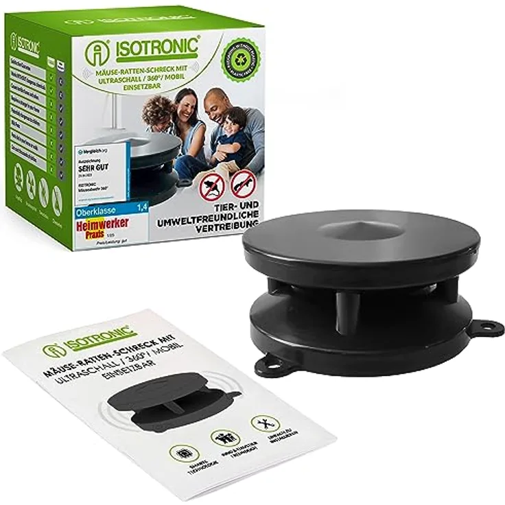 ISOTRONIC Mäuseschreck/Marderabwehr Mobil 360°mit Ultraschall für Haus, Garage, Dachboden - vertreibt Marder, Mäuse, Ratten, Siebenschläfer (1) (1)