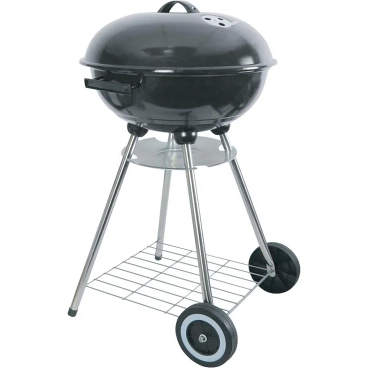 Buri Emaille-Kugelgrill schwarz, Holzkohlegrill mit Rollen und 2 Ablagen, ø45cm, H82cm