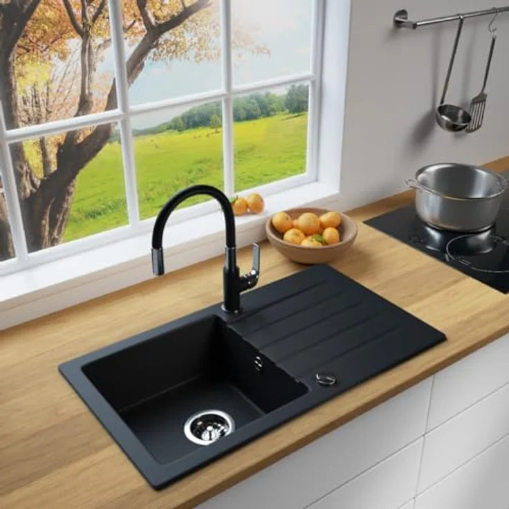 Lindbergh Spülen Rein Schwarz Granit Spüle "MEG44" Antibakteriell + Siphon Küchenspüle mit Imprägnierung - MADE IN GERMANY (4. Spüle MEG44 + Armatur 1-Tubo) – Bild 2