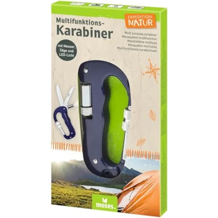 moses. Expedition Natur Multifunktions-Karabiner, 4 in 1 Tool mit Messer, Säge, LED-Licht, dunkelblau/silber – Bild 3