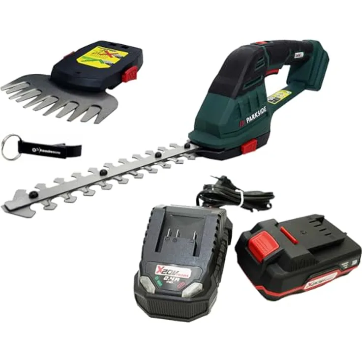 PARKSIDE® 20V 2in1 Akku Strauchschere PAGS 20 (inkl. 1x2Ah Akku) im HEADNMORE® Bundle + HEADNMORE® Schlüsselanhänger, 2 Aufsätze für Rasenkanten & perfekten Formschnitt, Vibrationsarm, ergonomischer Griff