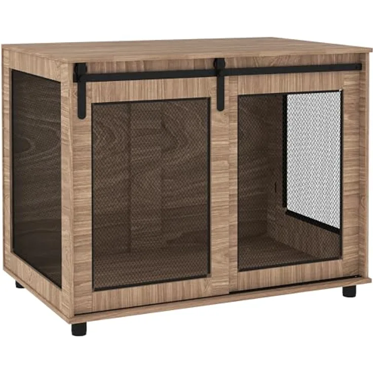 PawHut Hundekäfig Möbel, Hundebox mit 2 verschließbaren Türen, Beistelltisch, für große Hunde unter 30 kg, Stahl, Nussbaum