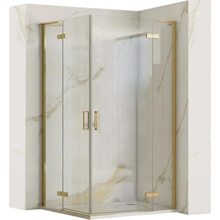 Rea HUGO DOUBLE GOLD BRUSH Duschkabine 100x100x200,5 cm, Transparentes gehärtetes Sicherheitsglas 6 mm, Gold, ohne Duschwanne