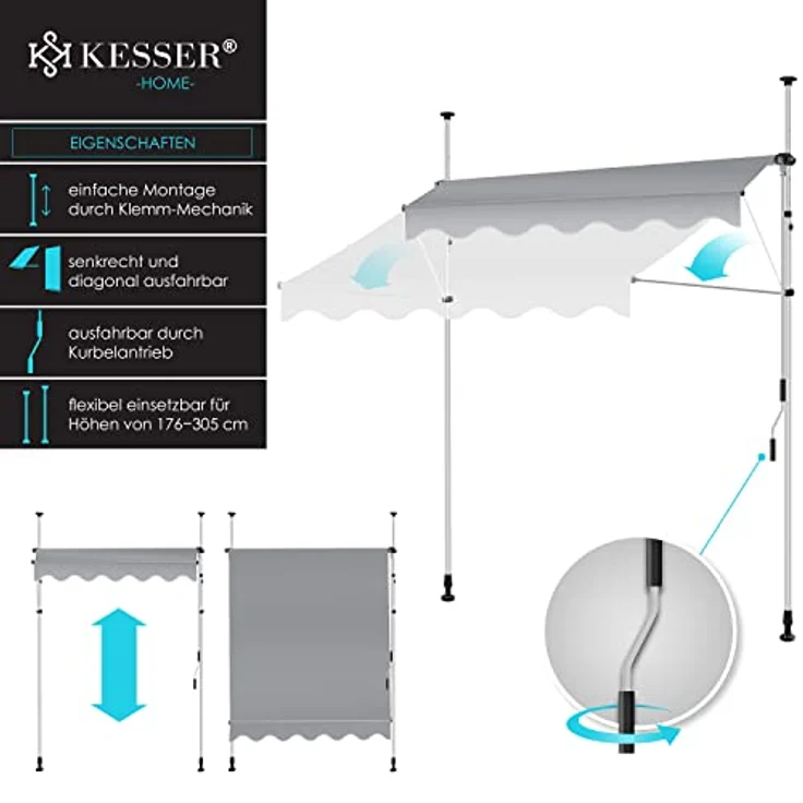 KESSER Klemmmarkise mit Handkurbel Balkon, Balkonmarkise ohne Bohren, UV-beständig höhenverstellbar wasserabweisend , Sonnenschutz, Terrassenüberdachung , einfache Montage Grau, 350cm – Bild 2
