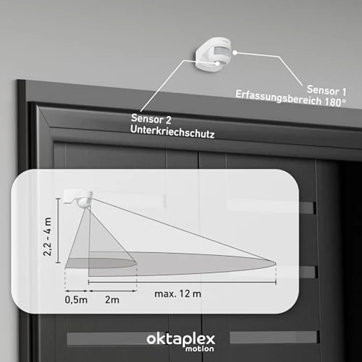 Oktaplex motion Lea Bewegungsmelder Außen, IP54, Infrarot Sensor 180°, Reichweite 12 m, Wand-/Deckenmontage, 230V, LED geeignet, weiß – Bild 4