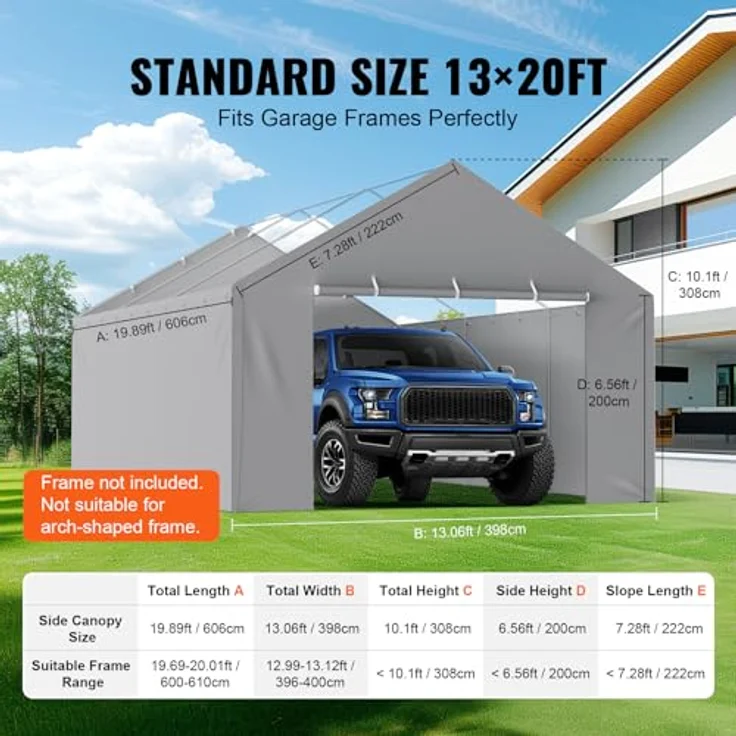 VEVOR Carport-Garagenzelt Seitenwand 6000 x 3950 x 1950 mm, strapazierfähig, wasserdicht und UV-geschützt, grau – Bild 4