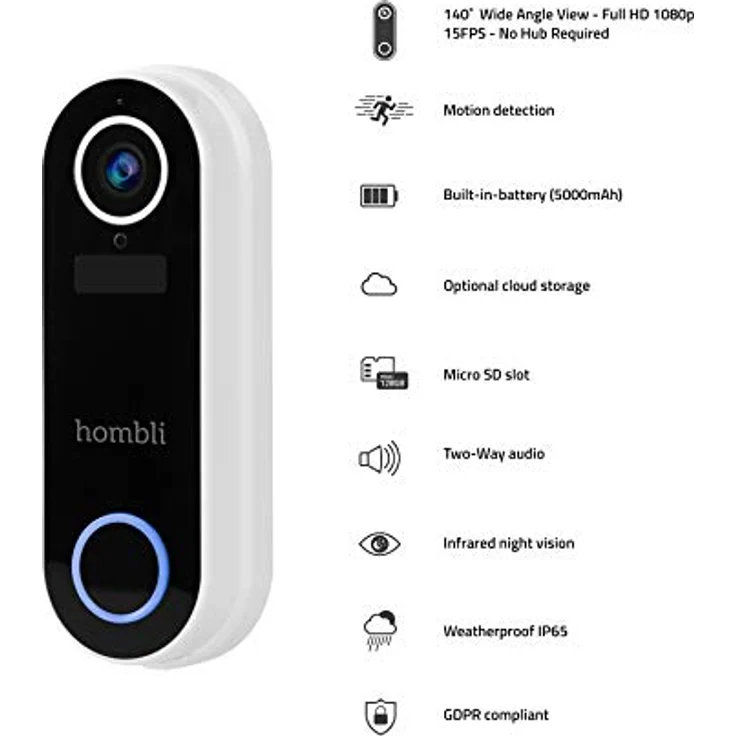 Hombli Smart Funk Türklingel mit Chime 2 mit Gegensprechfunktion | 140° Winkel Kamera mit HD 1080p Video | Bewegungserfassung & Nachtsicht | 2,4GHz WLAN | MicroSD, Cloud Speicher | IP65 Wasserschutz – Bild 3