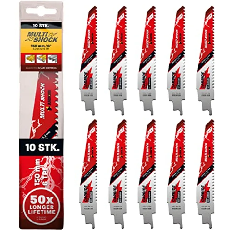 AMBOSS MULTI SHOCK - 10x Säbelsägeblatt Länge 150 mm / 6 ZpZ - ideal für Holz mit Nägeln und Holz mit Schrauben sowie Stahl - Multi Material