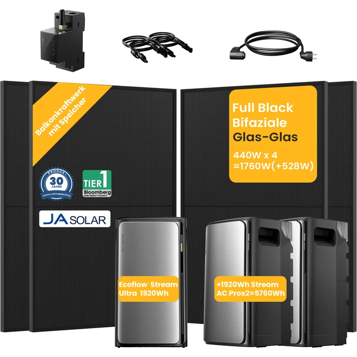 EcoFlow STREAM Ultra Balkonkraftwerk mit 5760Wh Speicher, 4x JaSolar 440Wp Full Black Solarmodule, erweiterbar mit Stream AC Pro
