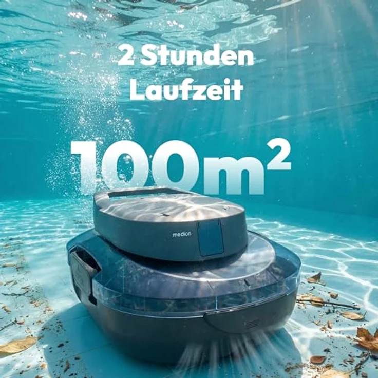 MEDION PR1 Poolroboter Akku, für Aufstellpool, Bodenreinigung, One-Click-Bedienung, Selbstparkfunktion, 120 Min Akkulaufzeit, 2,2 L Filterkapazität, blau, inkl. Ladegerät & Haken – Bild 2