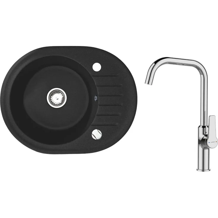 manestein Granitspüle Cari Granit Küchenspüle mit Hoch Chrom Armatur und Siphon 60x47cm, Rund, 60/16 cm, mit Abtropffläche, Graphit-Schwarz Gesprenkelt