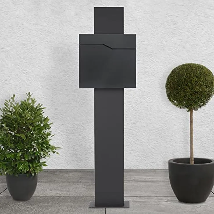 ECD Germany Standbriefkasten mit Zeitungsfach, Design Briefkasten mit Pfosten, Briefkastenanlage, Briefkastenständer Anthrazit 170cm Edelstahl, Postkasten Anthrazit 37x37cm Edelstahl pulverbechichtet