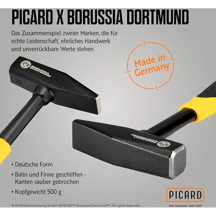 PICARD Hammer Montagehammer RS301, 500g Schlosserhammer mit schwarz-gelackt Kopf und ergonomischem 2K Griff im BVB-Look – Bild 3