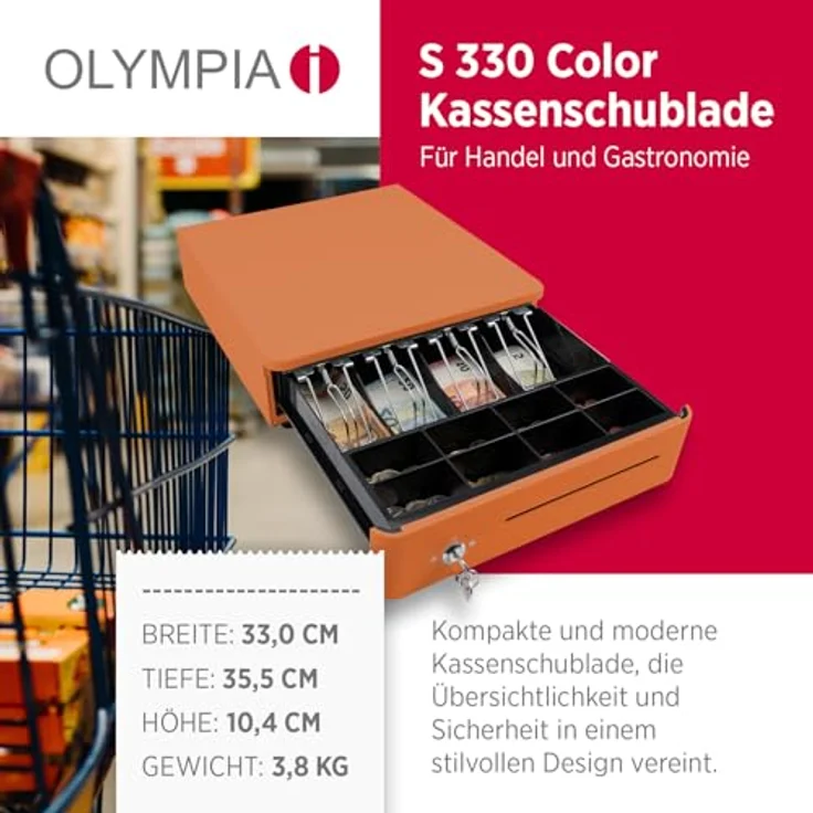 OLYMPIA S 330 Orange, Kassenlade mit 8 Münzfächern & 4 Scheinfächern, Vollmetall, elektrisch ansteuerbar, Schloss & RJ11/RJ12-Anschluss – Bild 2