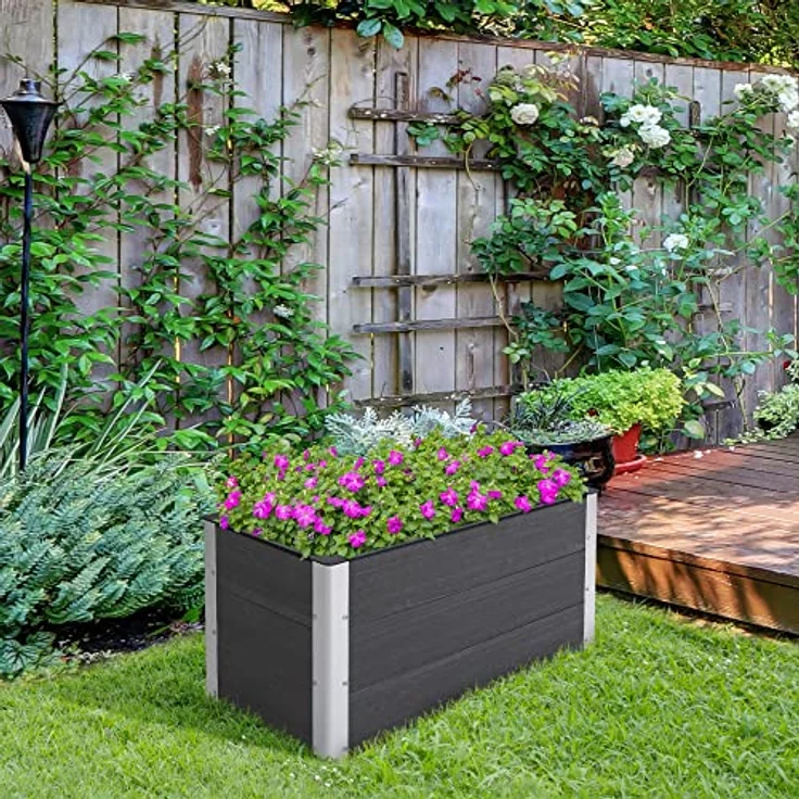 Outsunny Hochbeet Pflanzkasten Blumenkübel Blumenkasten wetterfest ohne Boden Grau WPC + Aluminium 100 x 50 x 55,5 cm – Bild 2