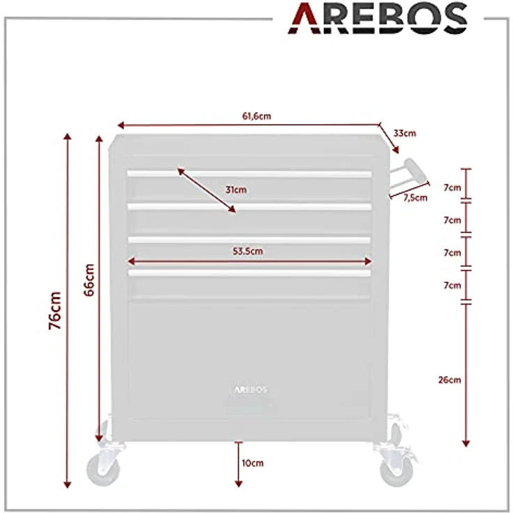 Arebos Werkstattwagen 5 Fächer, Werkzeugwagen, Rollwagen, 4 Schubladen bestückt mit 81-tlg. Werkzeug, Stauraum, Stahlkonstruktion - Arebos Werkzeugwagen 4 Schubladen, Anthrazit – Bild 3