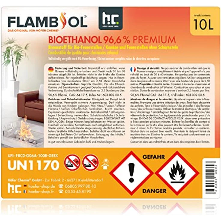 Höfer Chemie 2 x 10 L FLAMBIOL® Bioethanol Probierset Ethanol Kamin, Ethanol Feuerstelle, Ethanol Tischfeuer und Bioethanol Kamin – Bild 2
